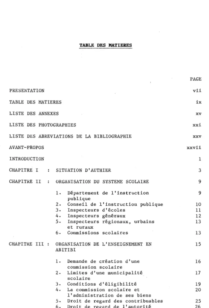 TABLE  DES  MATIERES 