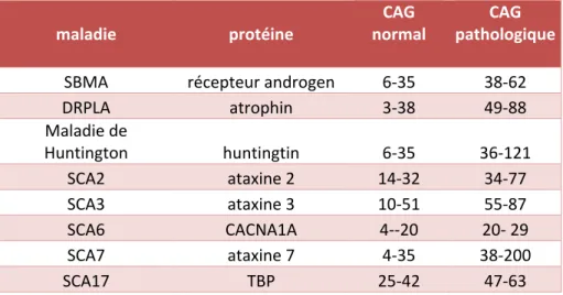 Tableau	
  II-­‐	
  Maladie	
  à	
  répétitions	
  CAG	
  codants	
  et	
  leur	
  seuil	
  pathologiques 	
   respectifs