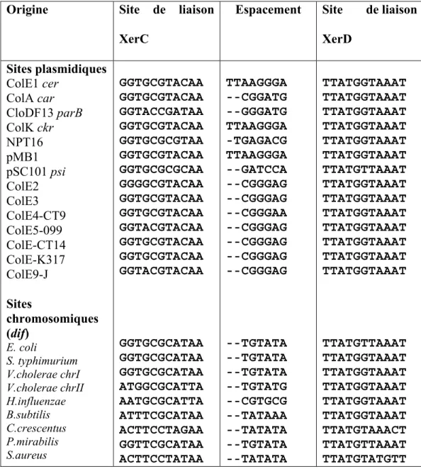 Tableau I. Alignement des séquences Xer des plasmides et plusieurs sites dif  des bactéries différentes (Tableau adapté du mémoire de Hua Liu The role of  Caulobacter crescentus Xer recombinases in site-specific recombination) 