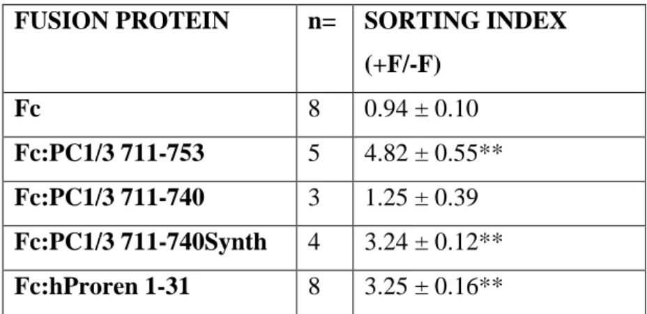 Table  2.1:  Secretory  granule  sorting  efficiency  of  fusion  proteins  in  transfected  AtT- AtT-20 cells