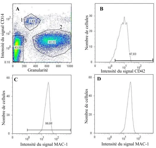 Figure 3 : Analyse en cytométrie de flux pour la détermination du niveau  dexpression de MAC-1 à la surface de leucocytes seuls ou conjugués