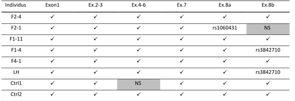 Table VI : Résultat du séquençage des exons du gène SLC25A11 chez 6 individus participant au  projet et deux ADN contrôles (ctrl1 et ctrl2)