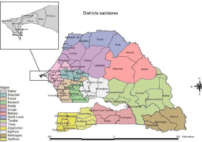Figure 4 : Carte des Régions administratives et des districts sanitaires du Sénégal 