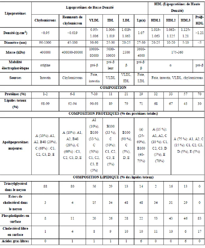 Table 1 . Caractéristiques des différentes classes de lipoprotéines [3], [4], [5] 