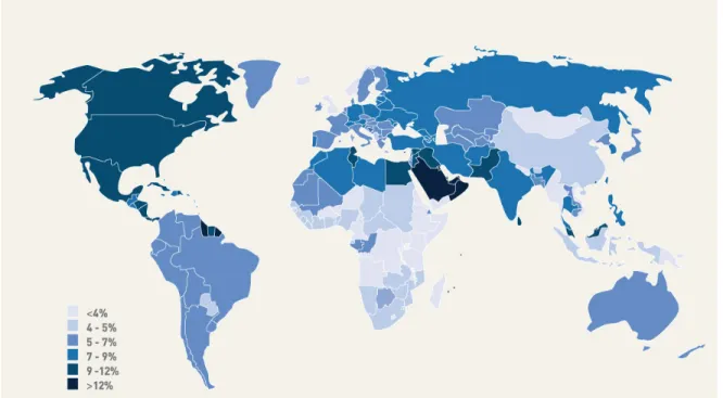 Figure 1. Prévalence estimée du diabète (20-79ans) dans le monde.   Adapté de l’Atlas de la FID