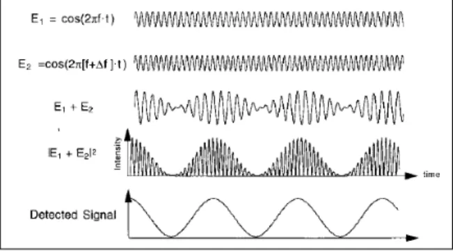 Figure 10  :  Représentation schématique de la spectroscopie à  mélange optique. E1 représente l'amplitude du signal réfléchi par  les tissus immobiles et agissent comme signal de référence