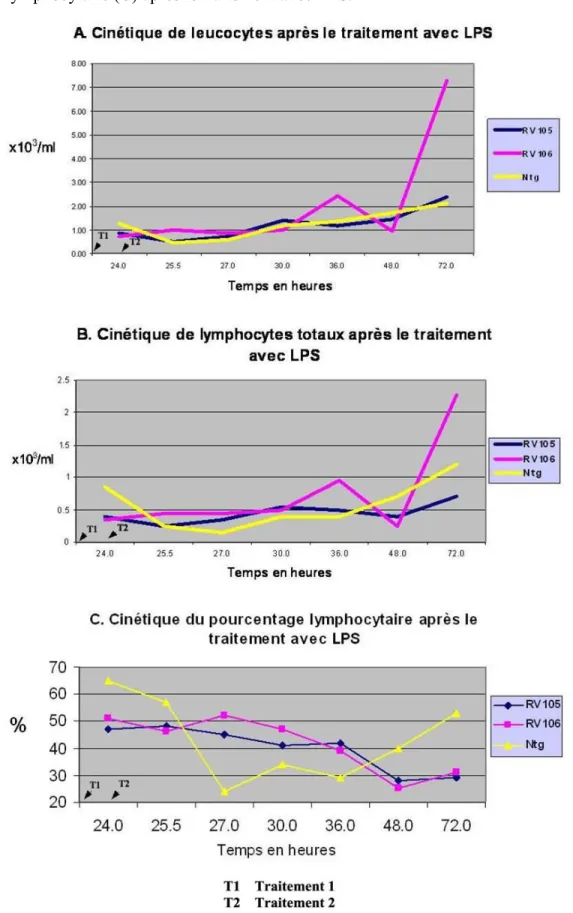 Fig. 11 Cinétique dans le temps de leucocytes (A), lymphocytes (B) et le pourcentage  lymphocytaire (C) après le traitement avec LPS