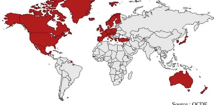 Figure 4.2: Localisation des pays de l’OCDE étudiés sur la carte du monde 