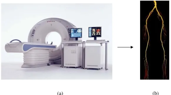 Figure  1.12:  ( a)  A  CTA  medical  imaging  equipment.  (b)  A  3D  surface  rendered  view  of  lower  limb  arteries with CTA 