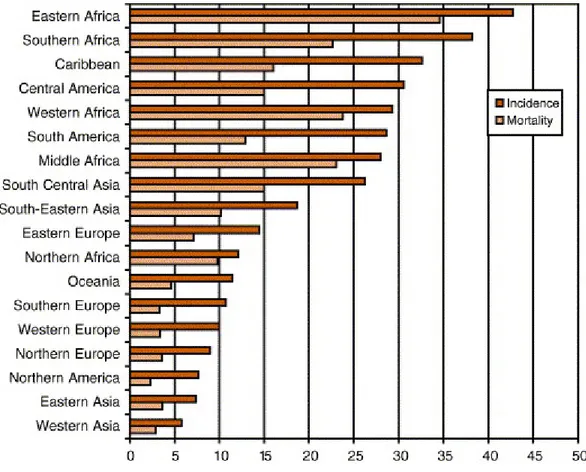 Figure 10: Cancer of the uterine cervix: age-standardised (world) incidence and mortality  rates per 100 000 (all ages) in 18 world regions 