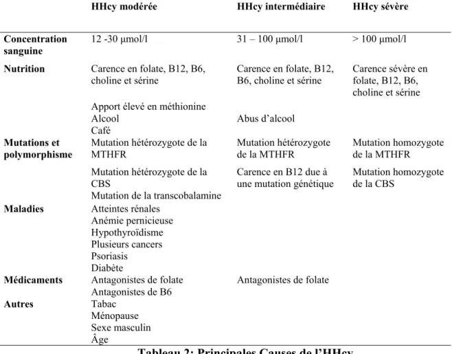 Tableau 2: Principales Causes de l’HHcy 