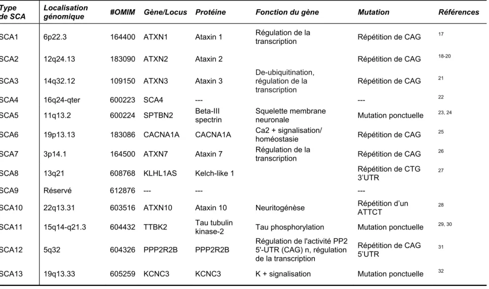 Tableau II. Localisation chromosomique et gènes impliqués dans les ataxies spinocérébelleuses 