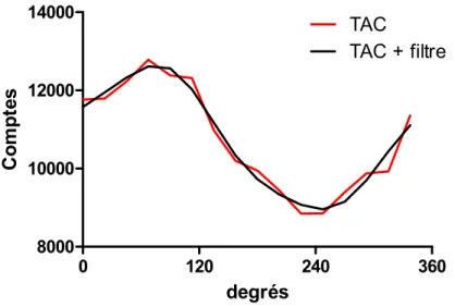 Figure 5 : Un filtre ne conservant que les 2 premières harmoniques dans l’espace de Fourier  est appliqué à la TAC