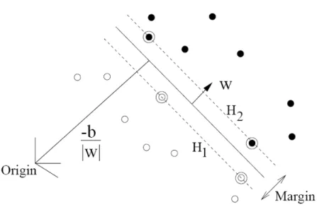 Figure 12. The decision boundary for classification in SVM. Open symbols and filled  symbols are two classes