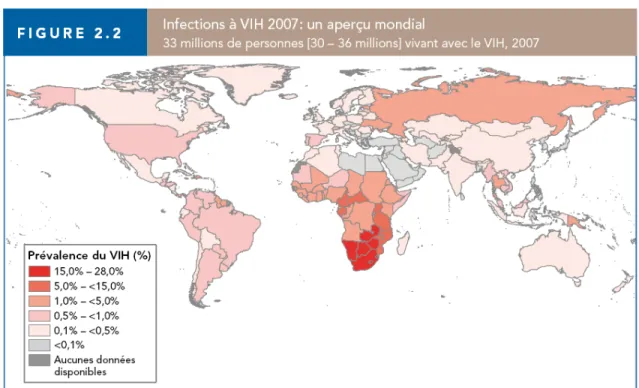 Figure 1 Infections à VIH 2007 : aperçu mondial 33 millions de personnes (30-36 millions) 