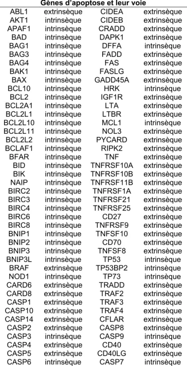 Tableau II. Gènes d’apoptose dont l’expression est mesurée par qRT-PCR par la  trousse de Super Array