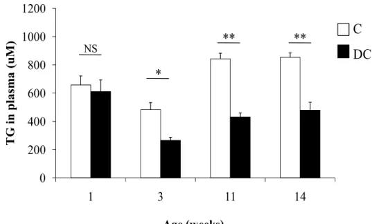 Figure 3 020040060080010001200 1 3 11 14TG in plasma (uM) Age (weeks)NS* ** ** C        DC