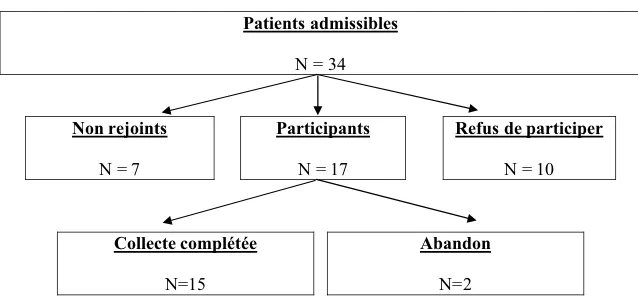 Figure 1. Admissibilité et taux de participation  Patients admissibles N = 34  Non rejoints N = 7  ParticipantsN = 17  Refus de participerN = 10 Collecte complétée N=15  AbandonN=2                                                              6