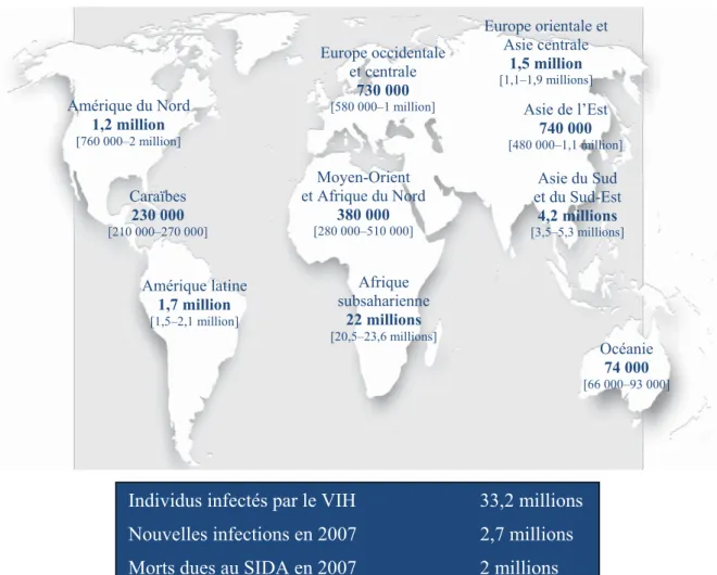 Figure 1.2 : Distribution des individus (adultes et enfants) infectés par le VIH dans le  monde, estimations 2007