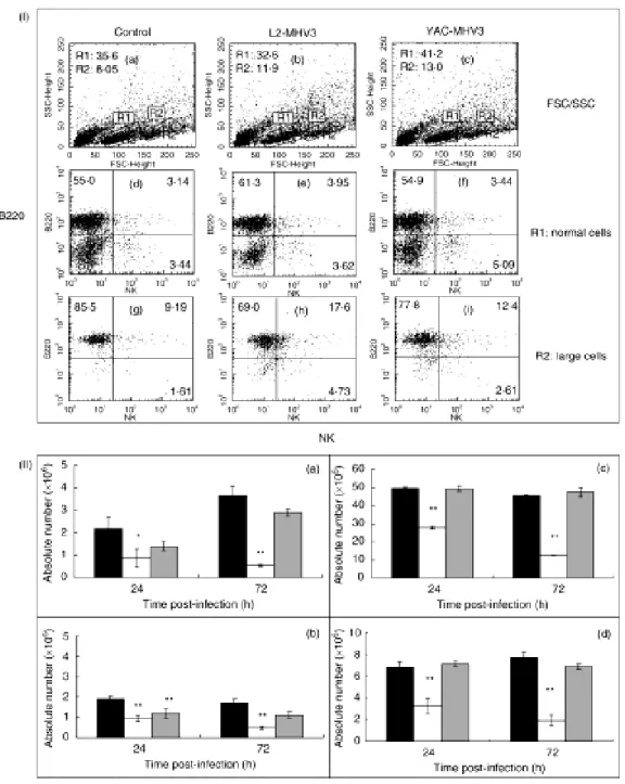 Figure 6. Section I- Flow cytometric analysis of normal (R1 region) (d, e, f) and larger  (R2 region) (g, h, i) NK +  and B220 +  lymphoid cells in spleen from mock-infected (a, d 