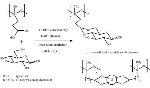 Figure 25. Greffage de sucres par acetalation sur des diéthylacétal-polysiloxanes. 