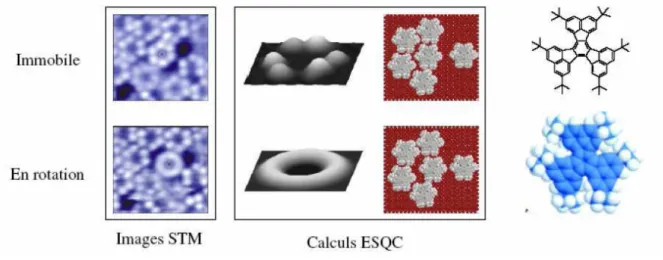 Figure 14 : Images STM et ESQC de l'hexa-tert-butyl décacyclène immobile et en rotation