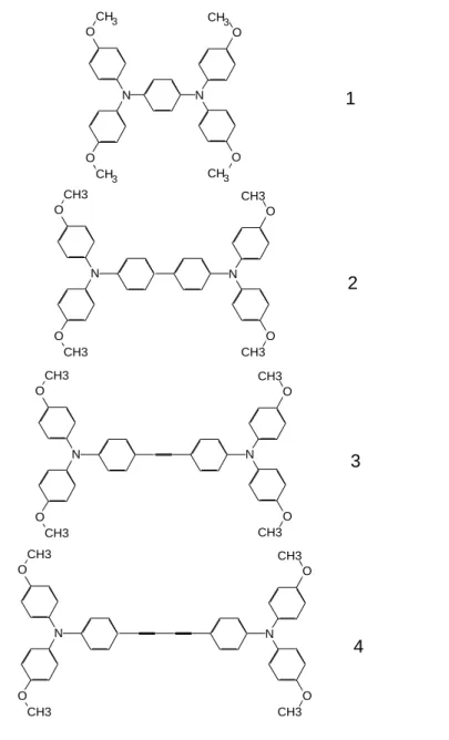 Figure 3.2: Typical molecular structures of bis-triarylamines. (The IUPAC names of molecules 1 and 4 are given in chapter 6).