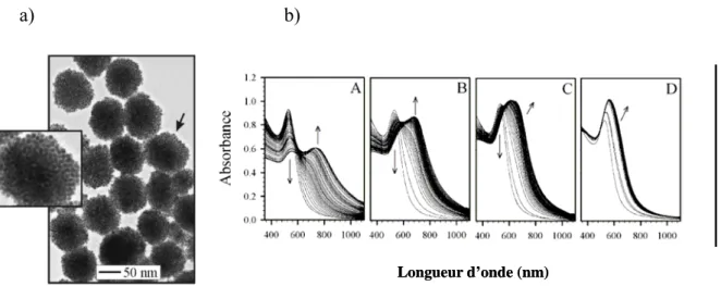 Figure II. 8 : a) micrographes de MET montrant l’assemblage de nanoparticules d’or suite à 