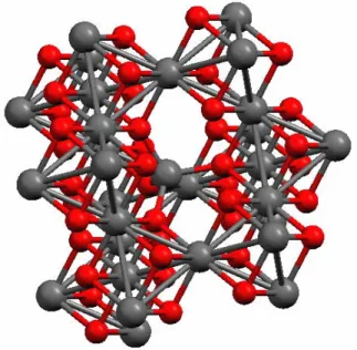 Figure I-11 : Représentation schématique de la phase spinelle (atomes de fer en gris  et atomes d’oxygène en rouge)