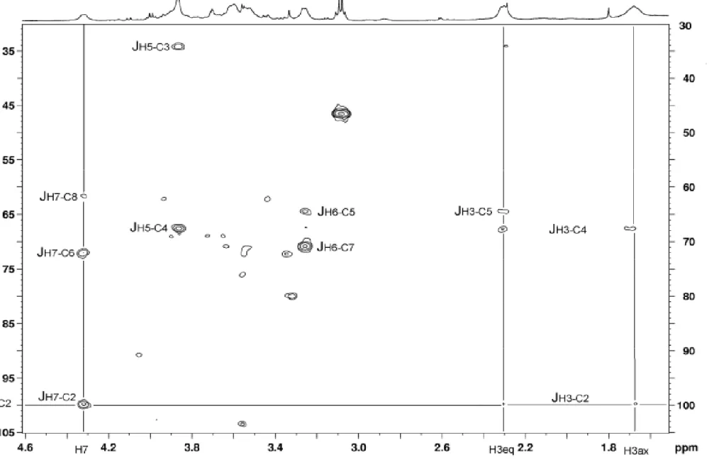 Figure 12 Spectre RMN 2D  1 H- 13 C obtenu grâce à une séquence HMBC permettant de déterminer les corrélations éloignées (J 2  et J 3  les J 3  étant privilégiées) entre le carbone et l’hydrogène