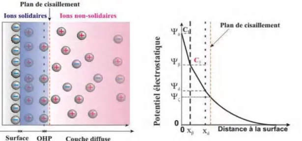 Figure  17:  Modèle  simplifié  de  la  double  couche  à  proximité  d’une  surface  chargée