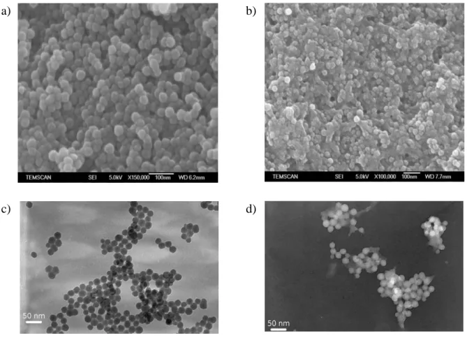 Figure 5 : Clichés MEB et MET de nanoparticules greffées : avec un taux de greffage de 1,63  mmol.g -1  (a, c) et 4,42  mmol.g -1  (b, d) pour le nanohybride ≡Si-9 
