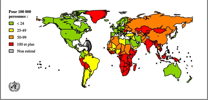 Figure 1 : Estimation du nombre de cas de tuberculose dans le monde en 2005, source : OMS