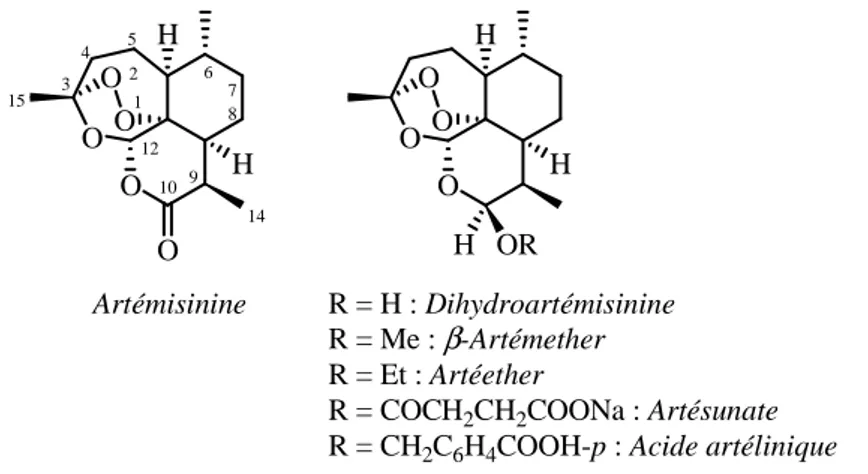 Figure 6 : Structure de l'artémisinine et de quelques dérivés 