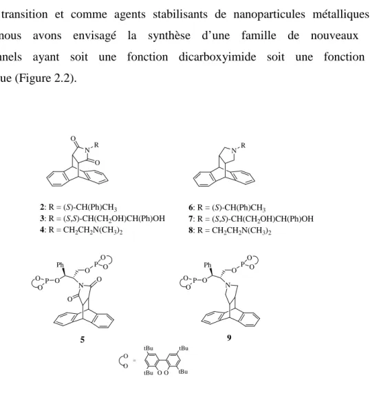Figure 2.2 Ligands polyfonctionnels dérivés du 9,10-dihydroanthracène:   dicarboxyimides (2-5) et amines cycliques (6-9)