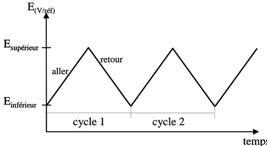 Figure II - 5 : Evolution du potentiel en fonction du temps en voltammétrie cyclique 