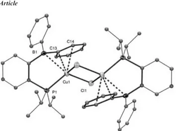 Figure 3. Molecular structure of 4 with hydrogen atoms and solvent molecules omitted. Selected bond distances (A˚) and angles (deg): P1-Cu1 2.173(2), Cu1-Cl1 2.379(2), Cu1-Cl1A 2.237(2), P1-Cu1-Cl1 116.39(4), P1-Cu1-Cl1A 145.06(5), Cl1-Cu1-Cl1A 96.87(4).
