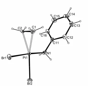 Figure 5.    An ORTEP view of compound 5. Molecular ellipsoids are drawn at the 30% probability 