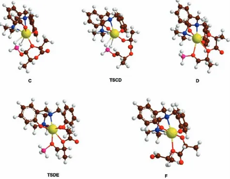 Figure 14. Optimized structures of intermediates and transition states pertinent to the two-step ring-opening process (C f TSDE) and also formation of F (cf