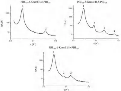 Fig. II-40 : Analyses SAXS à 30 °C des copolymères triblocs PBL-b-Krasol H-b-PBL 