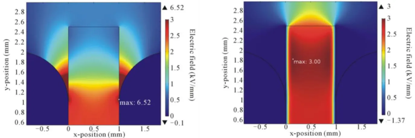 Figure 19: Simulated electric field associated to homo-charges; left) Absolute charge density of 0 C/m 3 ; right) Absolute  charge density of 1 C/m 3  [34] 