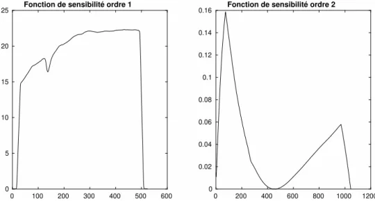Figure 5.5  Estimation des fonctions de sensibilité du grisme pour l'ordre 1 (à gauche) et pour l'ordre 2 (à droite) obtenues avec TIPS