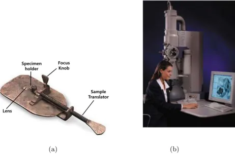 Figure 1.9: (a) Leeuwenhoek Microscope (circa late 1600s) of hand-held size acknowl-