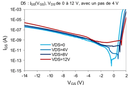 Figure I - 22. Représentation du courant de grille en fonction de la tension de grille, paramétrée à plusieurs V DS  (0, 