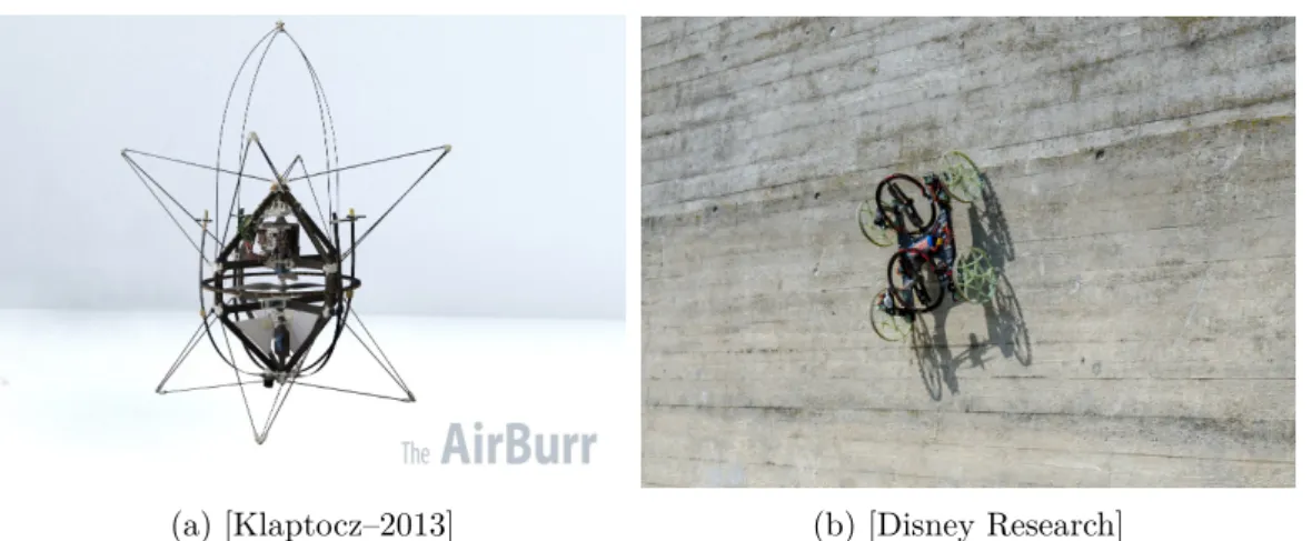 Figure 2.4 – Two Original Designs: (a) the AIrBurr capable of falling to the ground without breaking and upright itself to take-oﬀ again, and (b) the Vertigo capable of climbing walls.