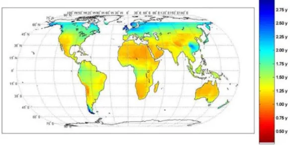 Figure 2.23 Worldwide EPBT of on-grid PV modules including all BOS components for the year 2010 [60] 