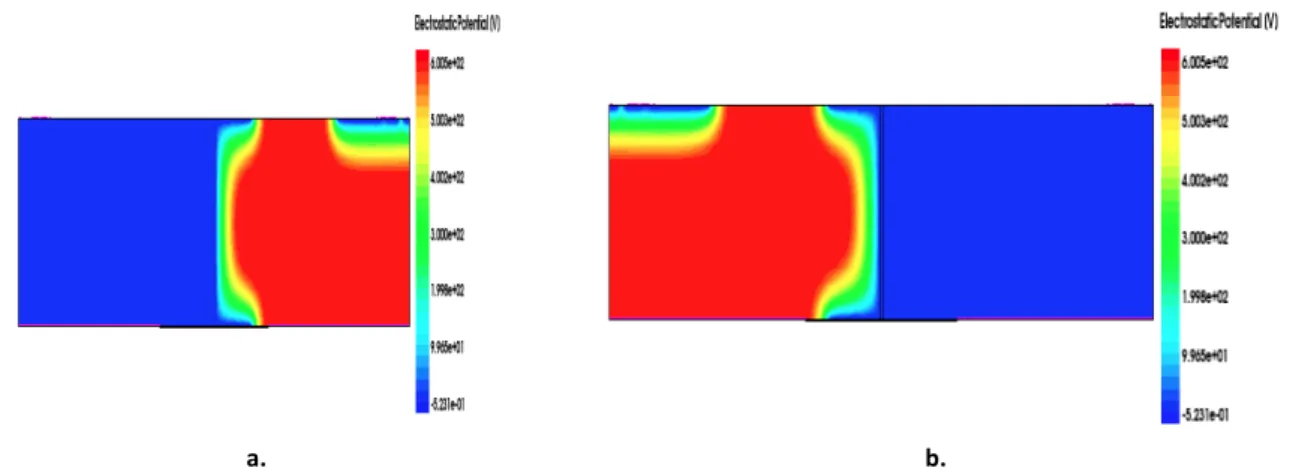 Figure	I.	39	:	Répartition	des	lignes	équipotentielles	à	l’état	bloqué	de	l’IGBT	bidirectionnel	à	électrodes	coplanaires	et	à	 cathode	commune	:	(a)	pour	+600V	et	(b)	pour	-600V	
