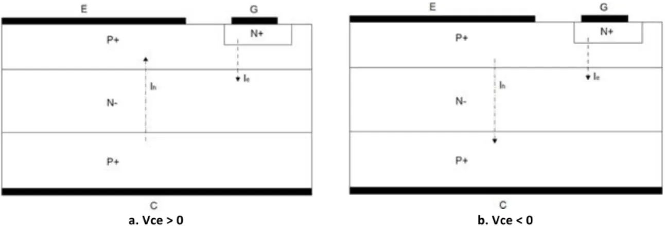 Figure	II.	5	:	Orientation	des	courants	dans	la	structure	BipAC	PNP	en	fonction	de	la	polarité	de	Vce	