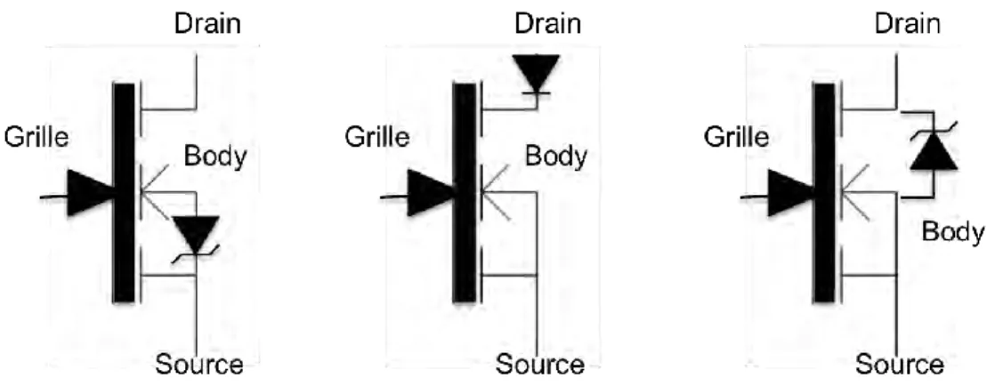Figure 16: Représentation schématique des planar-MESFET avec le MR, le MSD et le MZD. 