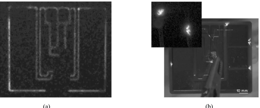 Figure I.8 - (a) Zones d’électroluminescence d'un substrat encapsulé par un gel de silicone sous un potentiel de 4 kV - (b)  Localisation optique des décharges partielles d’un substrat d’AIN encapsulé par un gel silicone